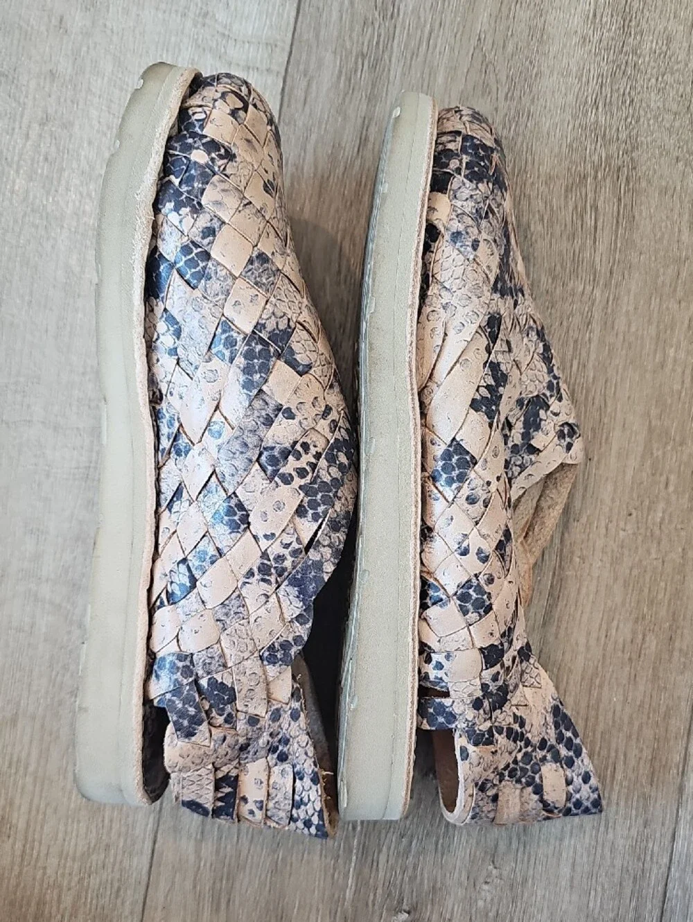 Leather Woven Hurarache Slip-On in Beige and Navy Snake Print!